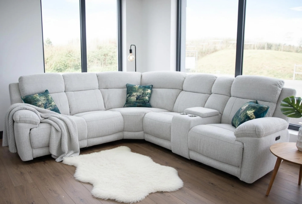 Owen Cream Fabric Electric Recliner Corner Sofa with Console