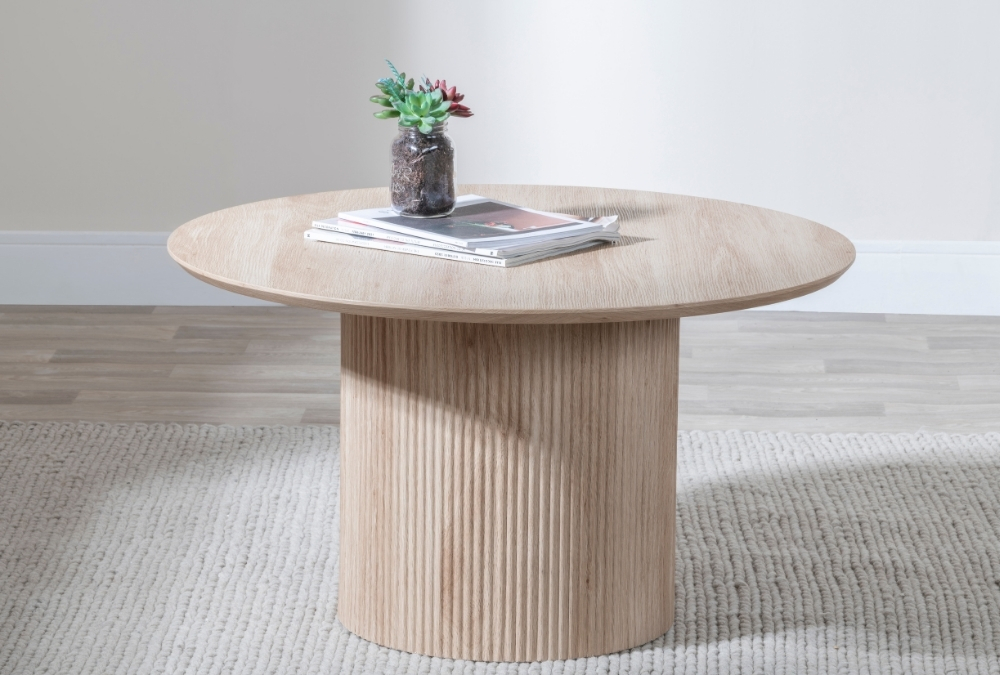 Bern Fluted Oak Effect Round Coffee Table with Drum Base