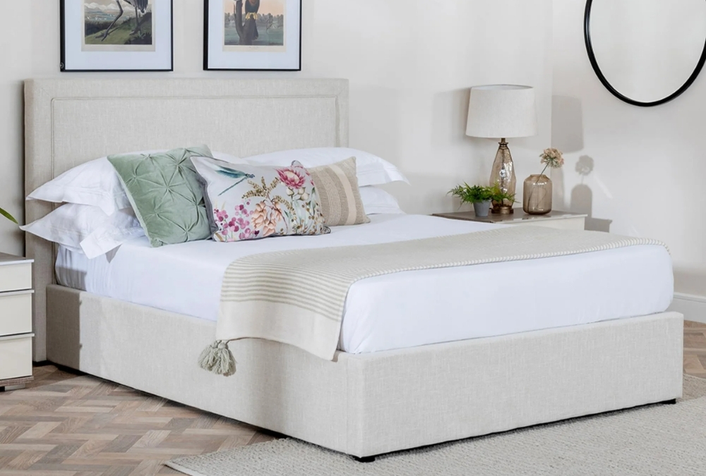 Sutton Natural Fabric 5ft King Size Ottoman Storage Bed in a small bedroom