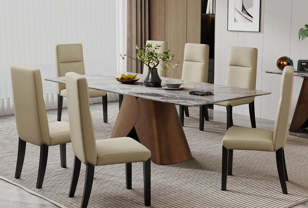 Enterprise Grey Marble Dining Set - Venezia Cream Leather High Back Dining Chair