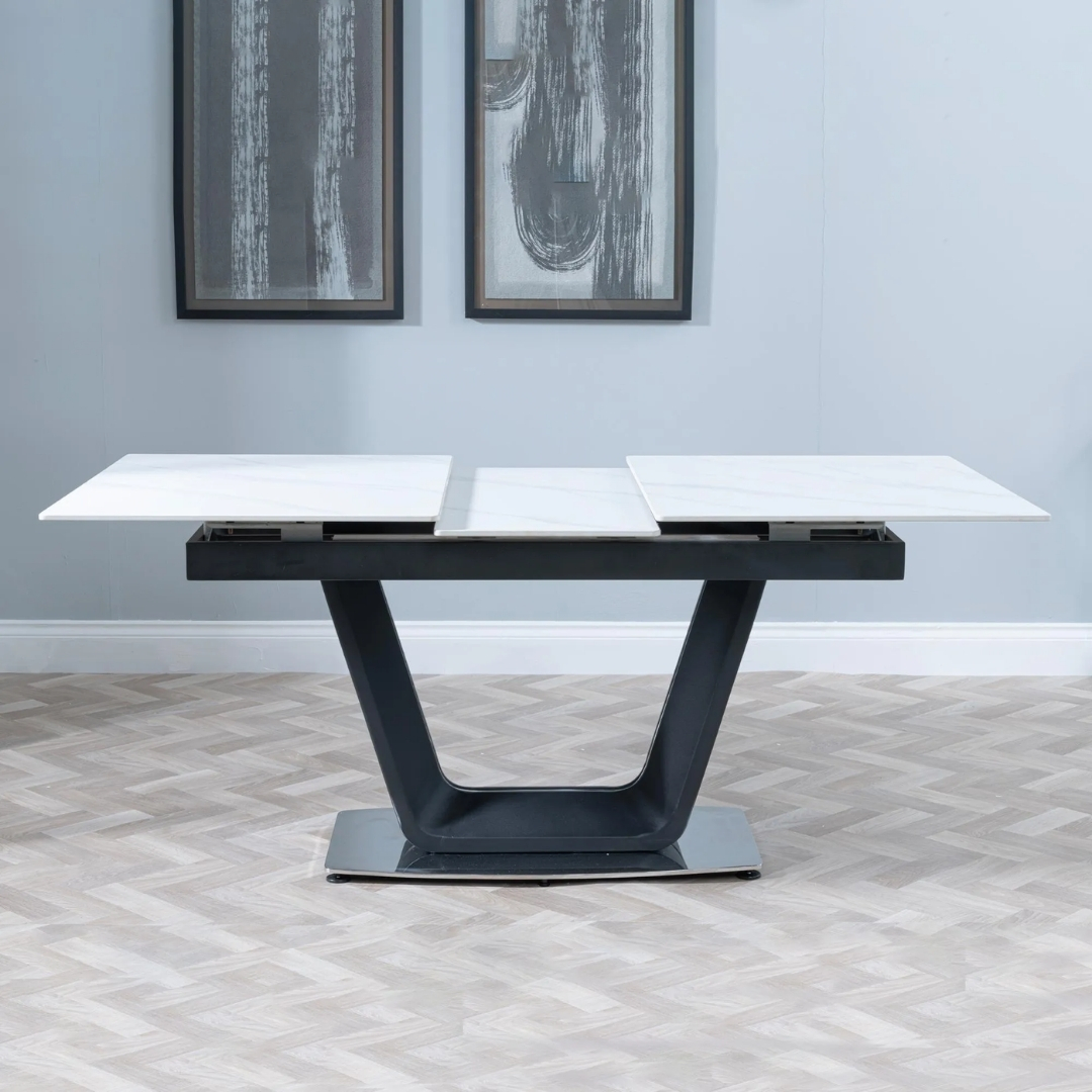 Alpha 6-8 Seater White Ceramic Extending Dining Table with Black Base - 140cm-180cm